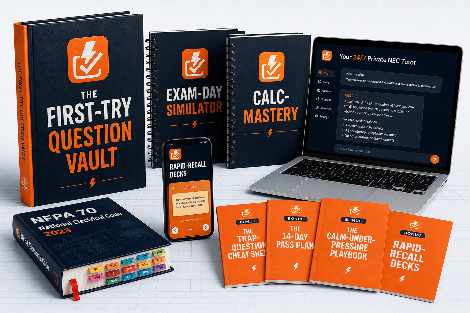 Everything in the Journeyman Pass — verified NEC question bank, AI tutor, calc solver, timed mock exams, and bonuses